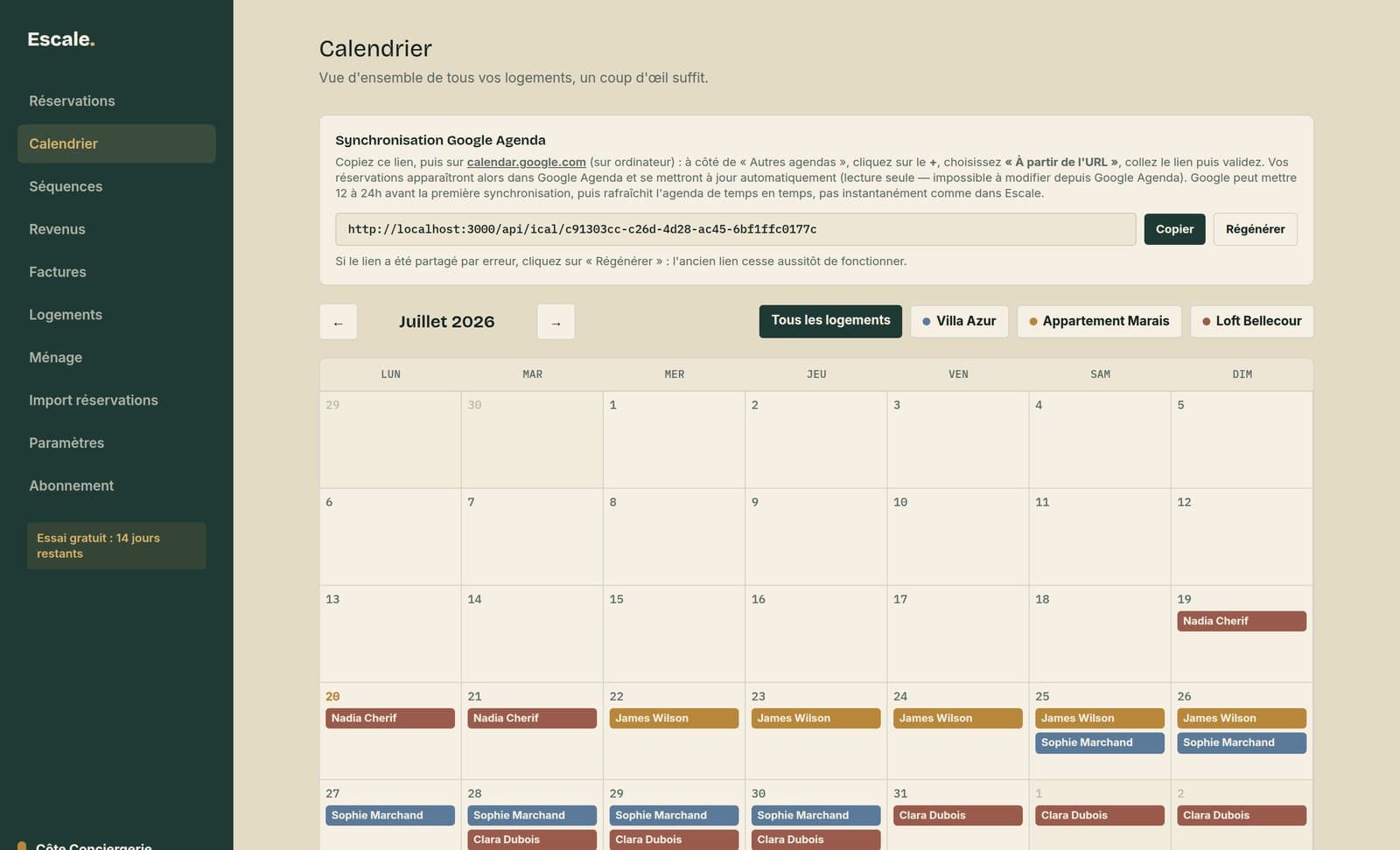 Calendrier coloré par logement dans Escale